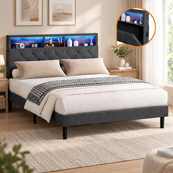 Oikiture Bed Frame Double Size With LED Storage Headboard