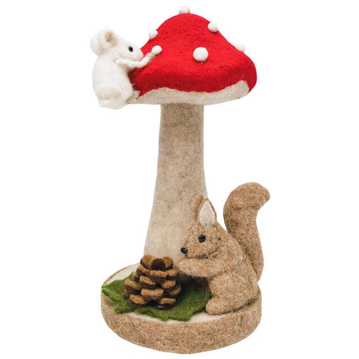 Urban Toadstool with Squirrel Mouse Standing Decoration 32cm Brown/Red