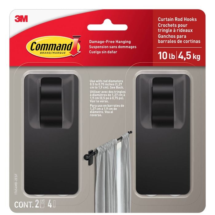 Command Matte Black Curtain Rod Hooks 2 hooks 4 strips