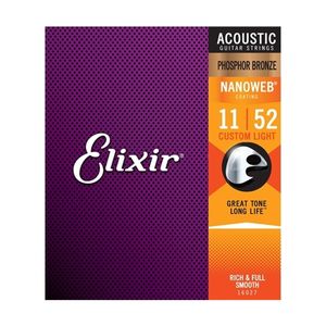 Elixir #16027 Acoustic Nanoweb Phosphor Bronze Guitar String 11-52 Custom Light