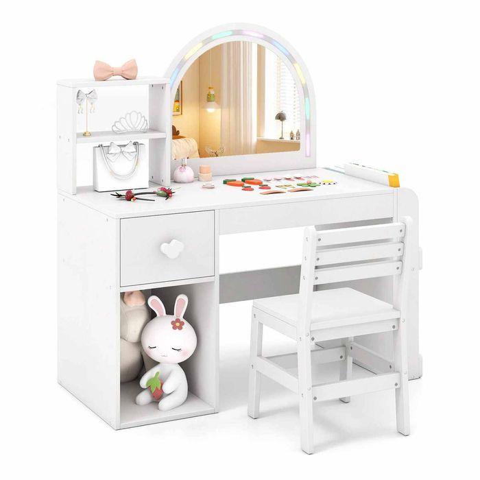 Costway Kids Vanity Set Princess Makeup Dressing Table Chair Set White