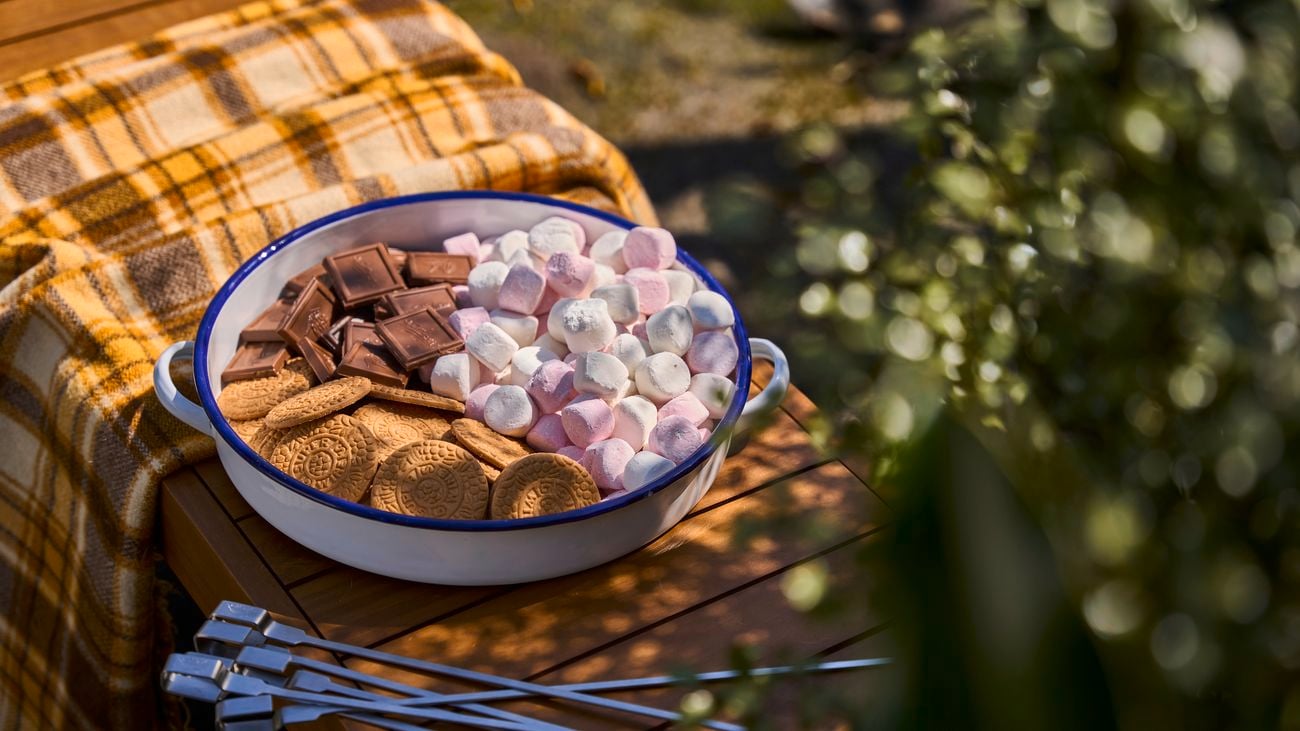Marshmallows, chocolate and biscuits in a white and blue bowl with metal skewers on a checkered yellow rug.