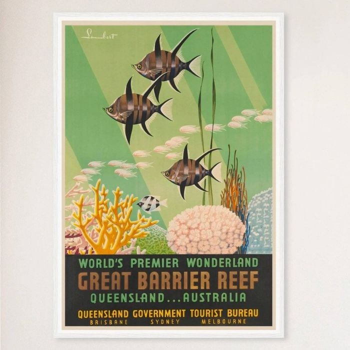 Galrie Vintage Great Barrier Reef Travel Poster from Queensland Australia Artwork, White Frame, A2 42 x 60cm (16 x 24inch)