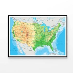 Detailed USA Physical Map  Print 100% Australian Made 90x60cm  (Poster)