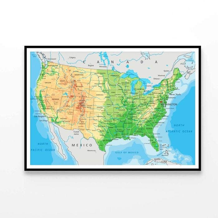 Detailed USA Physical Map  Print 100% Australian Made 90x60cm  (Poster)