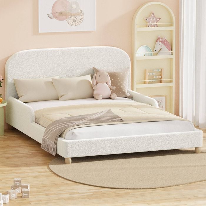 Oikiture Kids Bed Frame Double Side Guard Rails Boucle White
