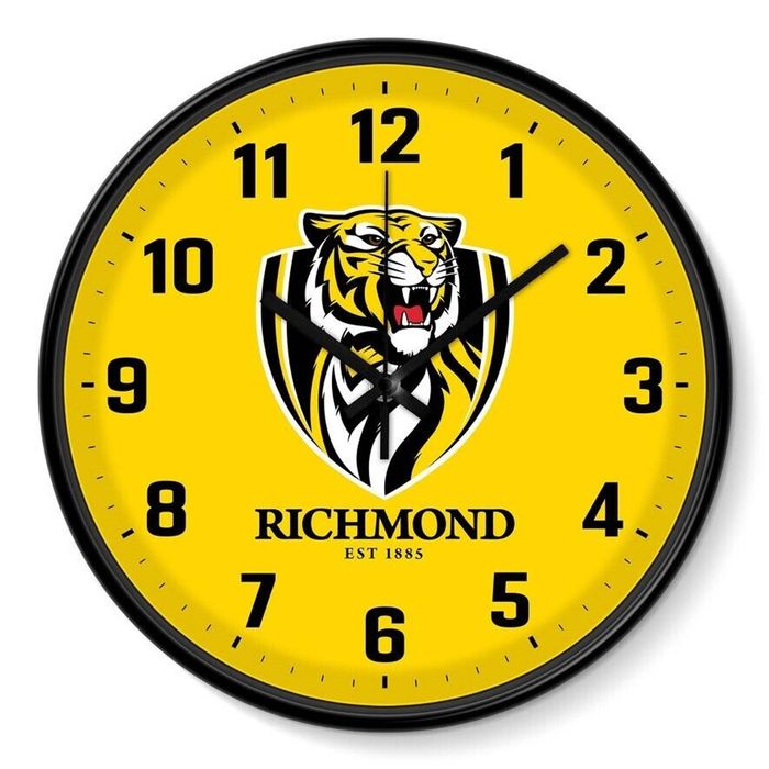 AFL Wall Clock - Richmond Tigers - Plastic - 30cm Diameter - Team Logo