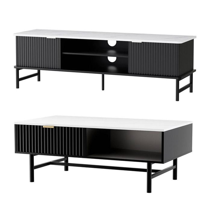 Artiss Tv Unit & Coffee Table Set Storage Shelf Black