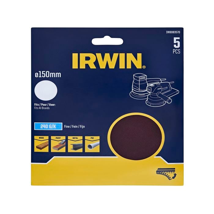 IRWIN 150mm 240 Grit No Holes Quick Fit Random Orbital Sanding Disc - 5 Pack