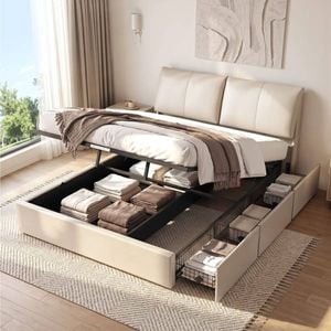 Homfurn Queen Bed Frame With Gas Lift Storage & 3 Drawers – Adjustable Headboard, 300kg Capacity, Beige