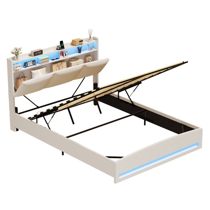 Advwin Queen Gas Lift Storage Bed Frame with Charging Station Beige