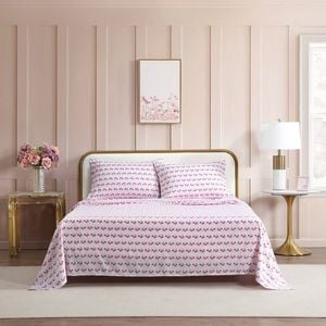 Betsey Johnson Cherry Stripe Flat Sheet & Pillowcase Set Queen Bed Bubblegum