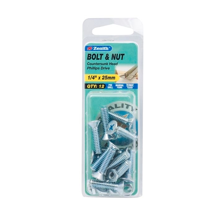 Zenith 1/4" x 25mm Zinc Plated Countersunk Head Bolt And Nut - 12 Pack