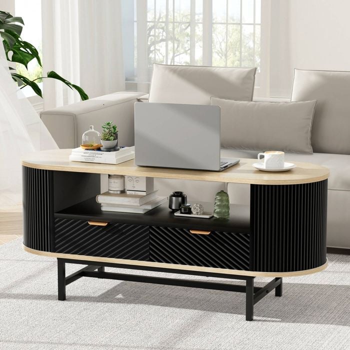 Homfurn Coffee Table With Drawers & Shelf – 110cm Fluted Design, 60kg Tabletop Capacity,  Black