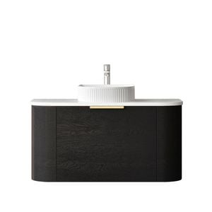 Attica 900mm Black Oak Bentwood Curve Wall Hung Vanity With Matte White Top