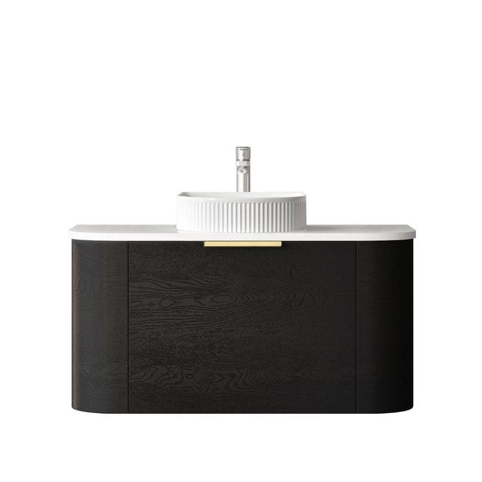 Attica 900mm Black Oak Bentwood Curve Wall Hung Vanity With Matte White Top
