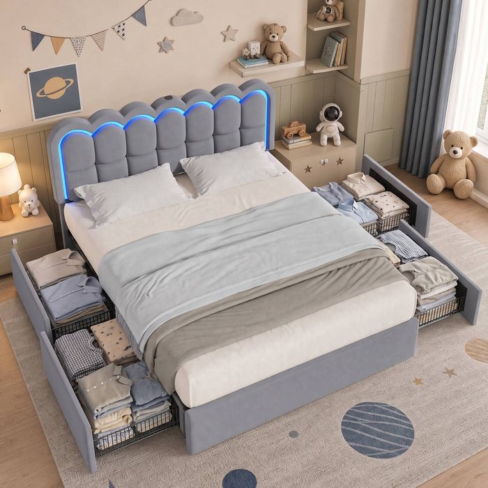 Advwin Double Hidden Storage Bed Frame with Charging Station Gray