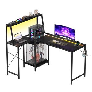Advwin 135cm LED Gaming Desk w/ Adjustable Recessed Shelf & Power Outlets Carbon Fiber Reversible Computer Desk Black