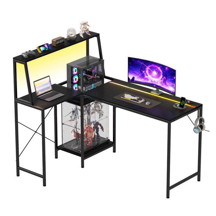Advwin 135cm LED Gaming Desk w/ Adjustable Recessed Shelf & Power Outlets Carbon Fiber Reversible Computer Desk Black