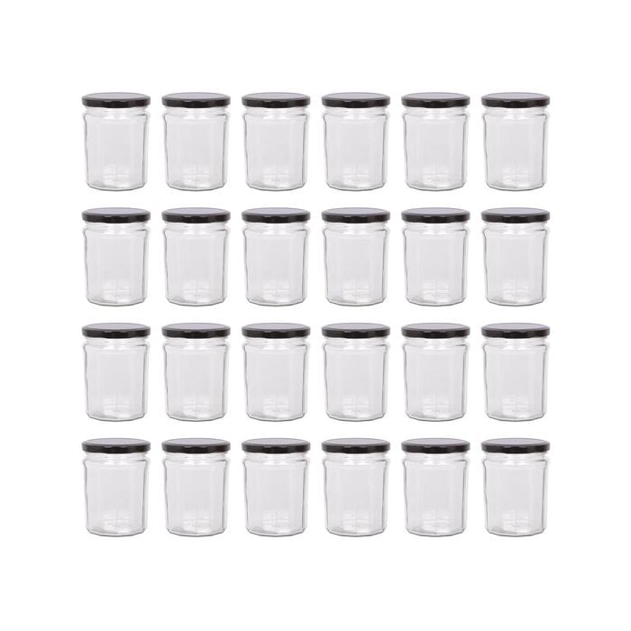 Argon Tableware 380ml Glass Jam Jars With Airtight Black Lids - Set Of 24 Empty Screw Top Kitchen Storage Preserving Jar