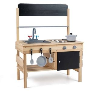 Costway Kid Outdoor Mud Kitchen Wood Play Sink Blackboard Pretend Toy