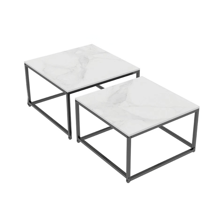 P&P White Sintered Stone Set Of 2 Square Nesting Coffee Tables With Marble Tops & Black Metal Frames