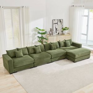 Homfurn 421cm Oversized 4 Seater Sofa with Chaise, Corduroy Large Sectional Couches with 1 Footstool, 4 Seater Couches with Wide
