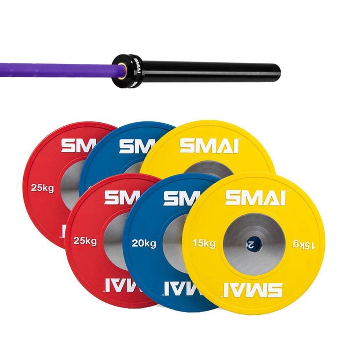 Smai Competition Bumper Plate Set With Barbell - 120kg - 15kg Purple Barbell