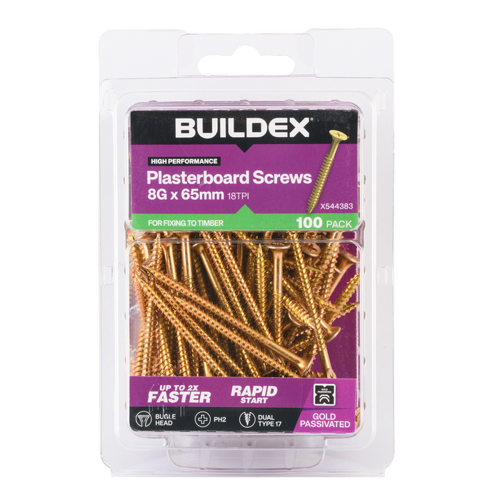 Buildex 8G x 65mm Gold Passivated Plasterboard Screws - 100 Pack