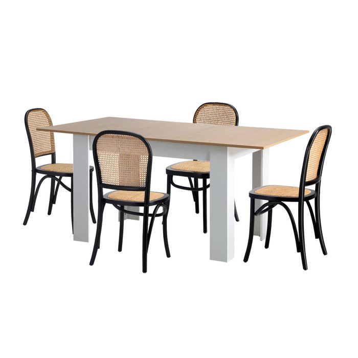 Oikiture 5PCS Dining sets 160cm Extendable Table with Chairs Rattan White