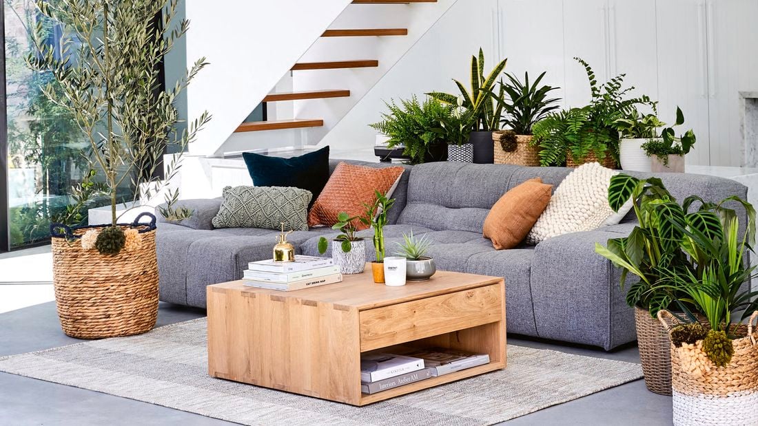 Modern living area with grey sofa, white walls and staircase opening onto grassed area