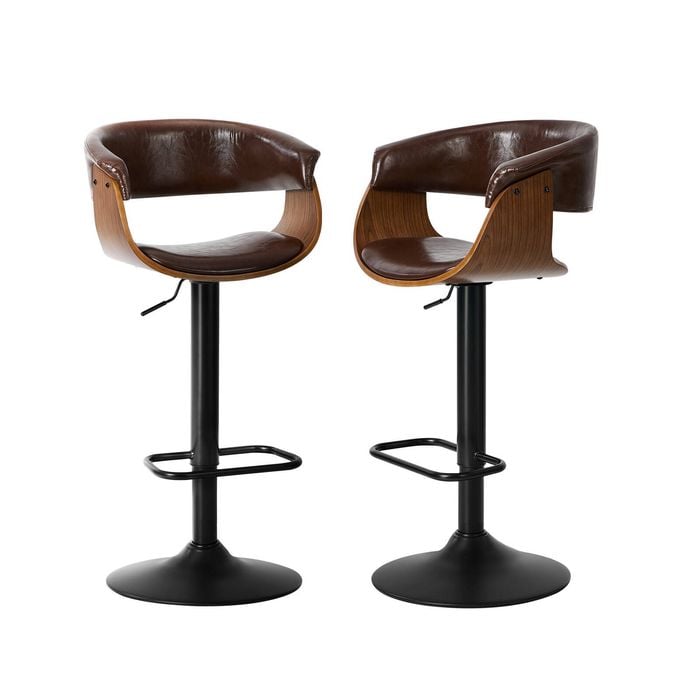 Oikiture 2x Bar Stools With Armrest Leather Brown