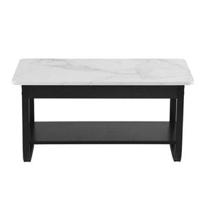 Homfurn 2-tier Coffee Table – 80cm Marble-look Laminate Top, Lower Shelf, Rounded Corners, Black & White