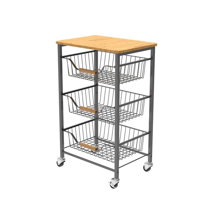Hacienda 3-Tier Rolling Storage Cart with Wooden Top & Pull-Out Wire Baskets