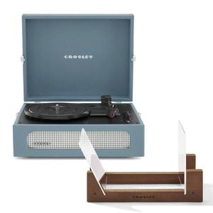 Crosley Voyager Bluetooth Portable Turntable + Bundled Crosley Record Storage Display Stand - Washed Blue