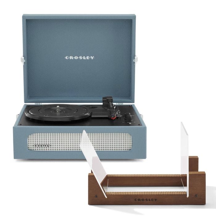 Crosley Voyager Bluetooth Portable Turntable + Bundled Crosley Record Storage Display Stand - Washed Blue