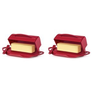 2x Butterie Plastic Flip Top Lid Butter Dish W/ Spreader Red 22.9x14cm