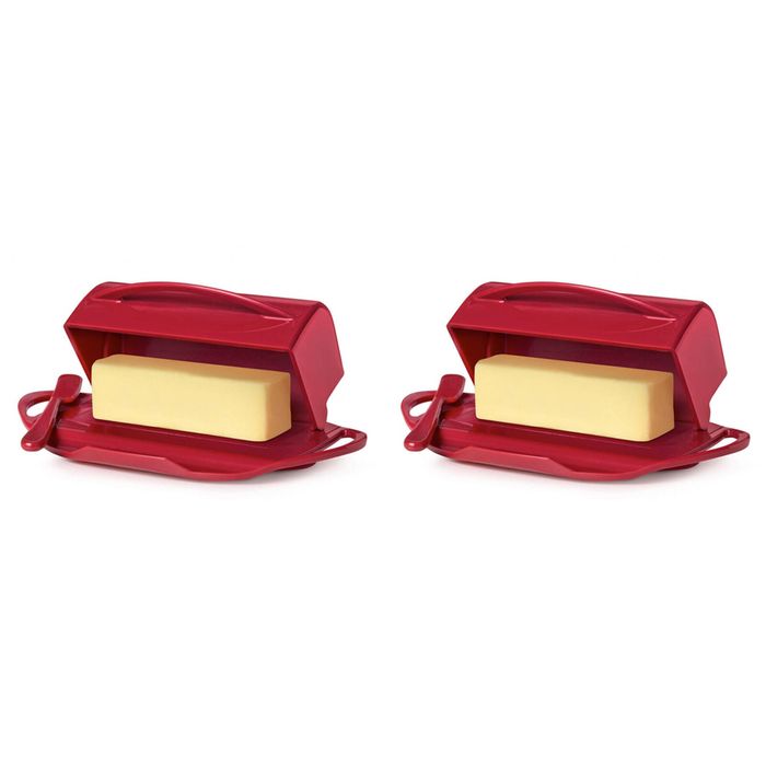 2x Butterie Plastic Flip Top Lid Butter Dish W/ Spreader Red 22.9x14cm
