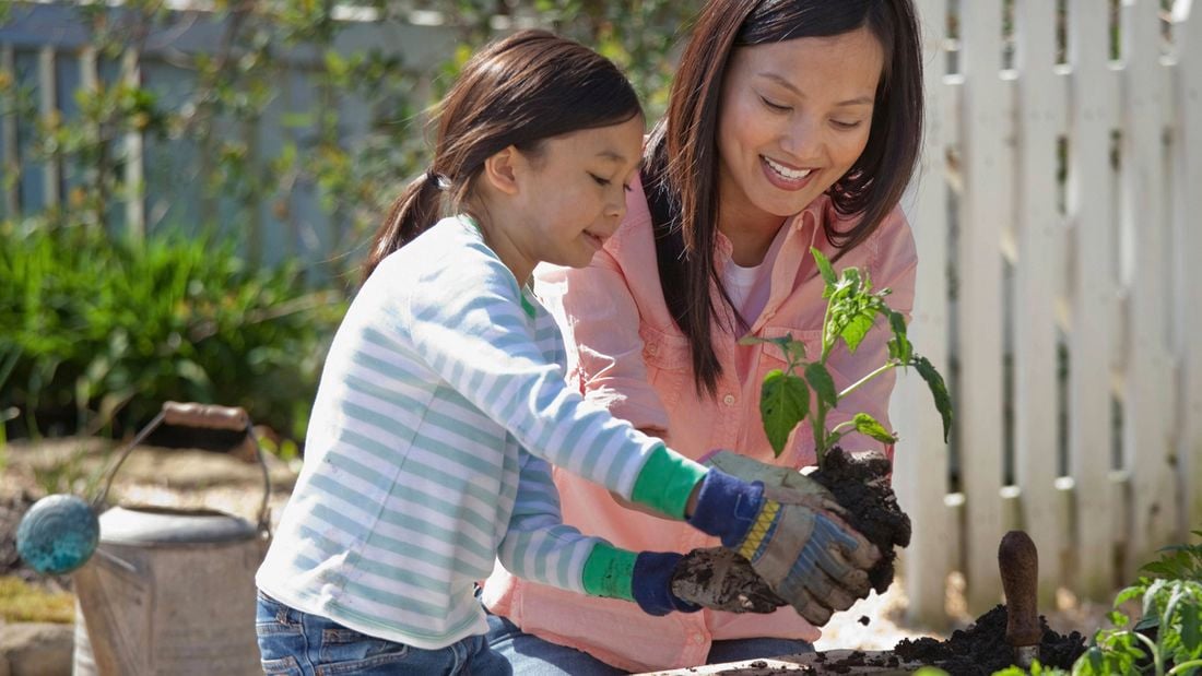 Lady and young girl in the garden together planting edible plants