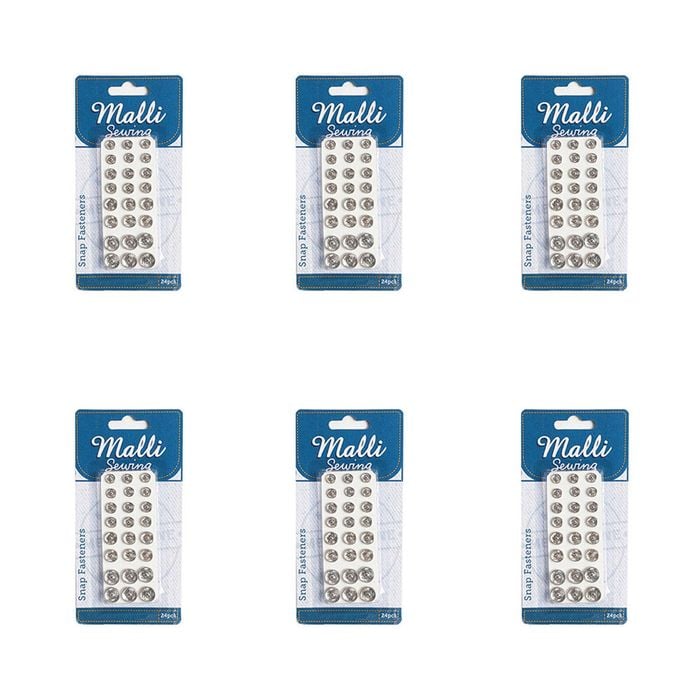 6x 24pc Malli Sewing Snap Buttons Metal Garment Fasteners Assorted Sizes Silver