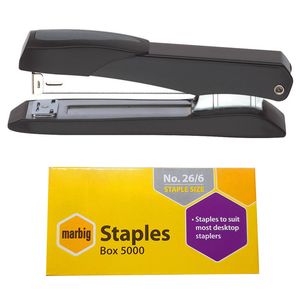 Marbig 20 Sheets Full Strip Metal Stapler & 26/6 Staples Paper Binder Combo Blk