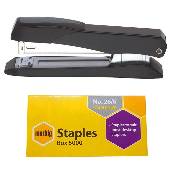 Marbig 20 Sheets Full Strip Metal Stapler & 26/6 Staples Paper Binder Combo Blk
