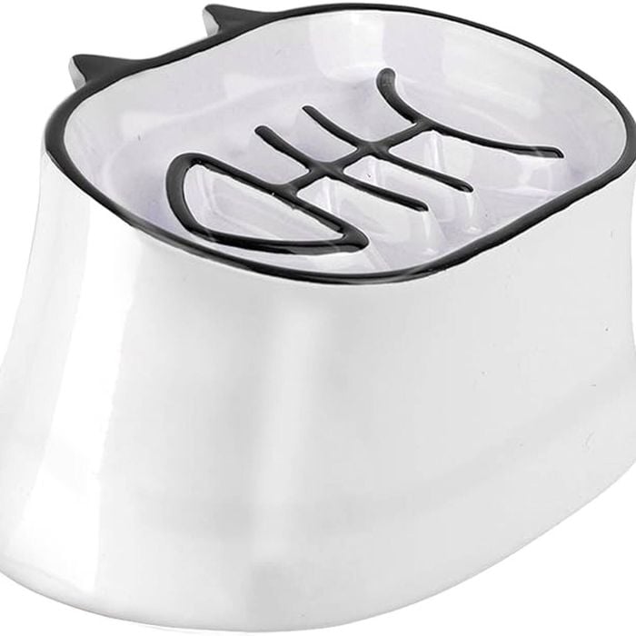 Slow Feeder Cat Bowl, 16cm Elevated Cat Food Bowl Tilted Design, Dog Slow Feeder Bowl with no Black Chin, Slow Feeder, White