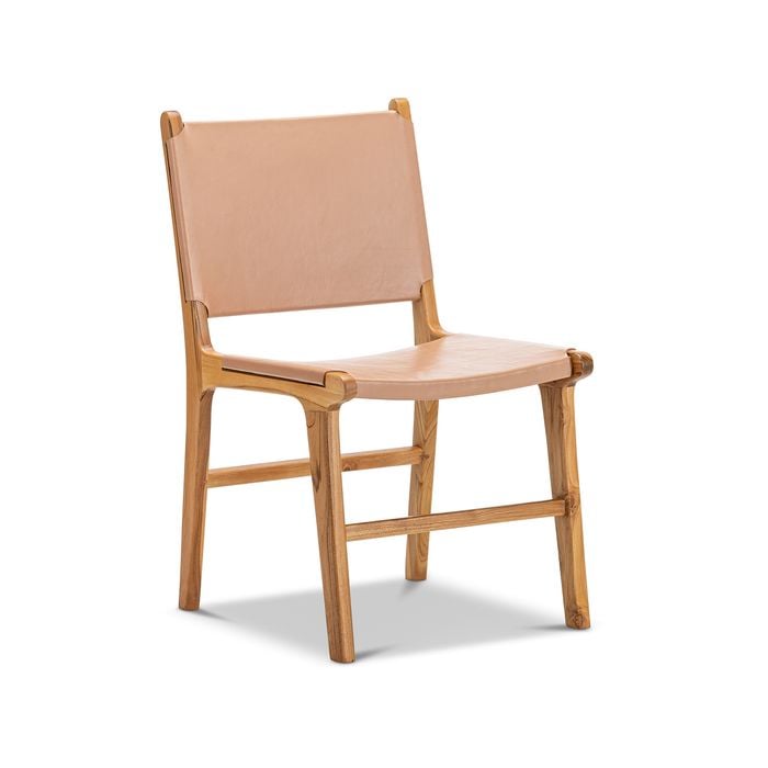 Casey Set of 2 Nude Tan Flat Leather Natural Teak Wood Dining Chairs