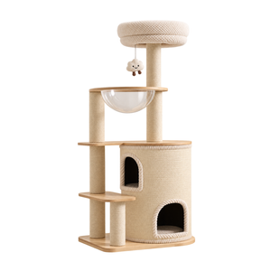 Natural wood Cat Tree with Acrylic Bowl and Double Condo