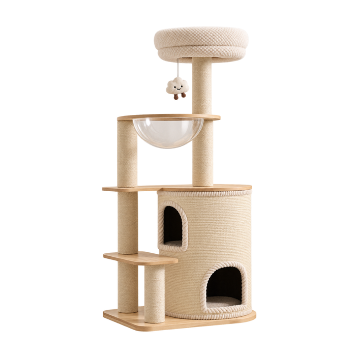 Natural wood Cat Tree with Acrylic Bowl and Double Condo