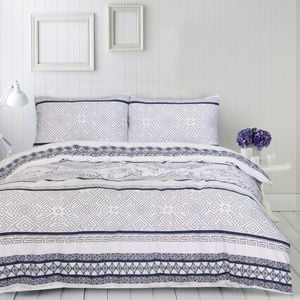 Amsons 100% Cotton Super king Quilt Cover Set With Extra Standard Pillowcases - New Hampton- White/Blue