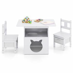Costway Kids Table Chairs Set W/cat House Pet Furniture Wooden Desk White