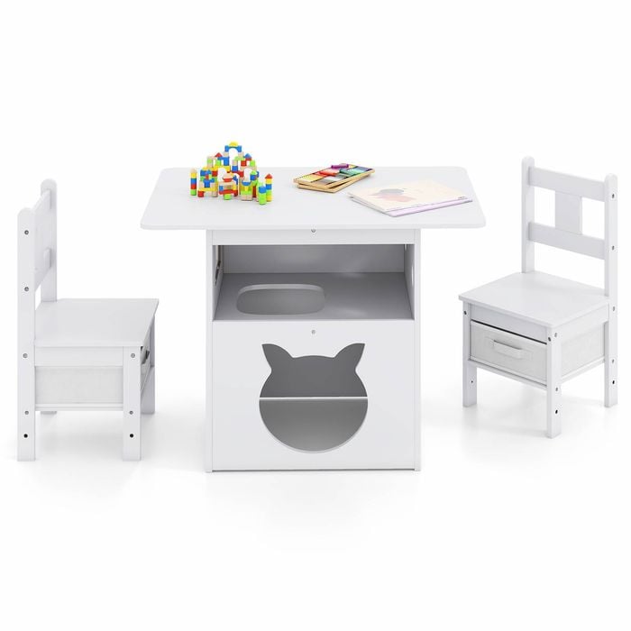 Costway Kids Table Chairs Set W/cat House Pet Furniture Wooden Desk White