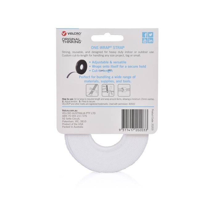 VELCRO® Brand ONE-WRAP® Cinghia Autoadesiva - Rotolo 10 Mm X 25 M - Bianco, Riutilizzabile, Tagliabile A Misura